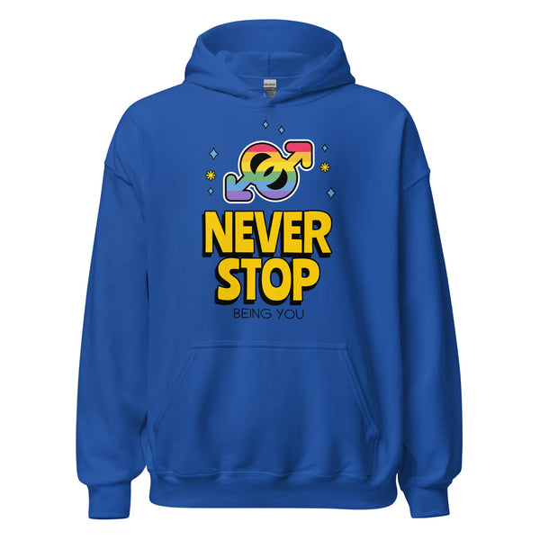 Royal blue unisex hoodie with rainbow gender symbols, yellow 