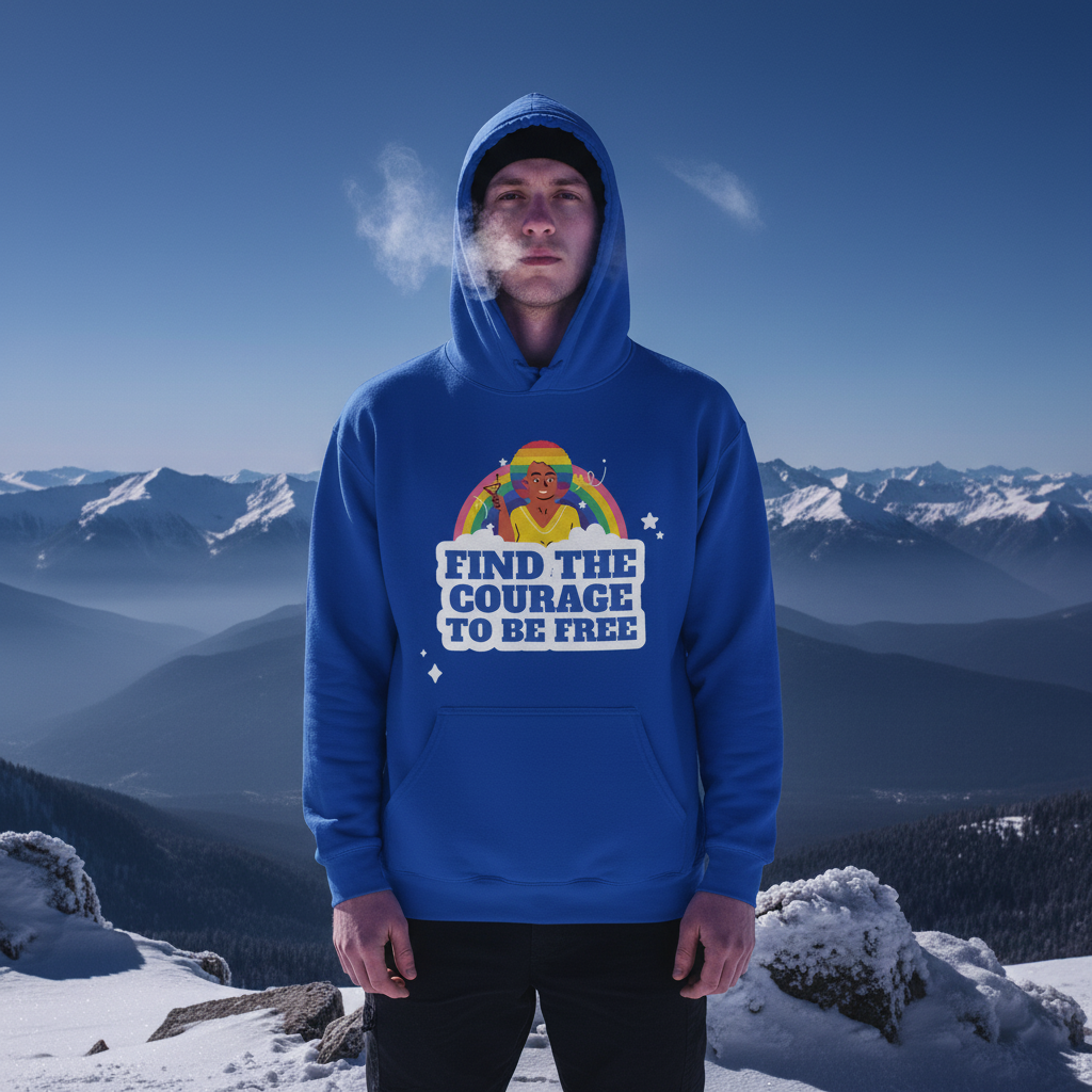Person on snowy mountain wearing Find The Courage To Be Free Unisex Hoodie, featuring a vibrant graphic and slogan, embodying queer empowerment and self-expression against a backdrop of stunning peaks.