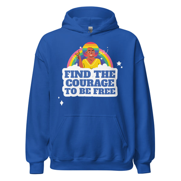 Find The Courage To Be Free Unisex Hoodie features a vibrant cartoon figure with a rainbow afro, cocktail glass, and bold slogan, celebrating queer pride and self-expression.
