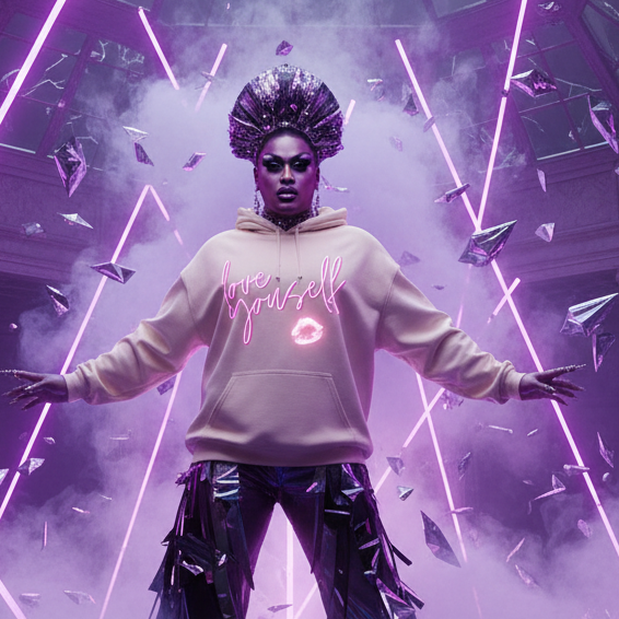 Person in a light-cream Love Yourself! Unisex Hoodie with neon-pink script and kiss-print, arms outstretched, wearing a metallic headdress, reflective pants, against a neon-lit, surreal backdrop.