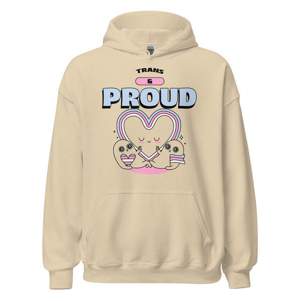 Trans & Proud Unisex Hoodie with a vibrant graphic: 'TRANS & PROUD' text, heart in trans-flag colors, and two smiling characters embracing, showcasing queer pride and self-expression.