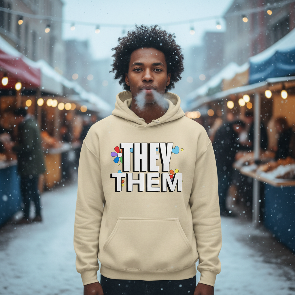They / Them Unisex Hoodie worn by a young person at a snowy market, featuring bold block letters and colorful accents, embodies queer pride and self-expression against a backdrop of softly falling snow and string lights.