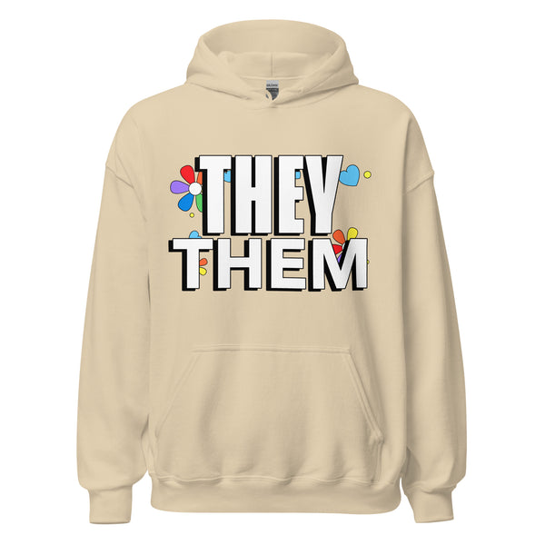 Light-beige They/Them Unisex Hoodie featuring bold white letters, colorful graphic flowers, and hearts; a cozy, queer pride statement for empowered self-expression and visibility.