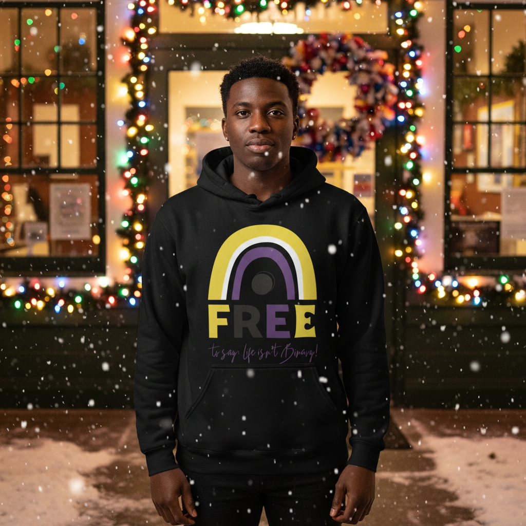 Young Black man wears the Free To Say: Life Isn't Binary! Unisex Hoodie outside a festive shop. The black hoodie features a rainbow arch and empowering text, embodying pride and self-expression.