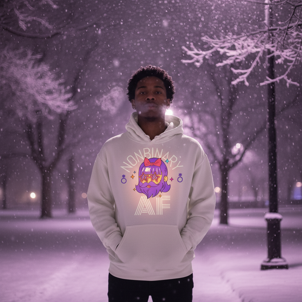 A person in a snowy park wears the Nonbinary AF Unisex Hoodie, showcasing a vibrant graphic celebrating nonbinary pride with a stylized cartoon head, embodying bold queer self-expression and visibility.