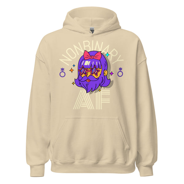 Nonbinary AF Unisex Hoodie with a vibrant cartoon design featuring a purple-haired character, star-shaped sunglasses, and “NONBINARY AF” text, embodying bold queer pride and self-expression.