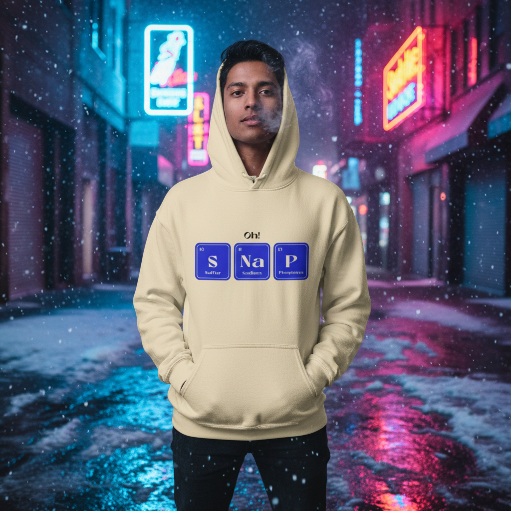 Young man in a wet alley wears the Oh! SNaP Unisex Hoodie, featuring a SNAP graphic. His breath visible in the cold, embodying bold queer pride, self-expression, and cozy comfort.