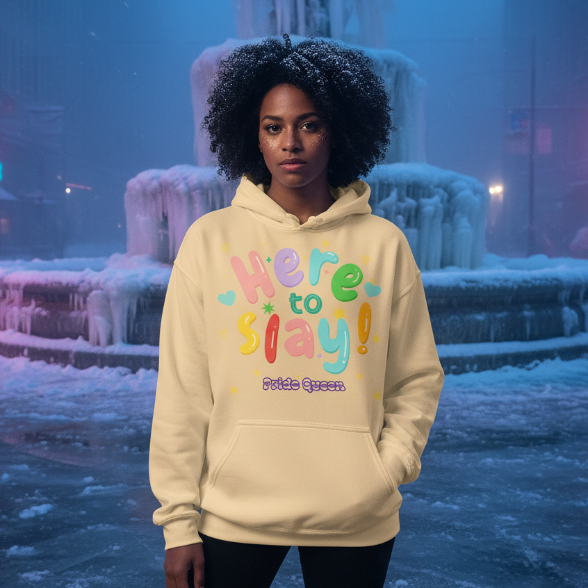 Person outdoors in a light-cream hoodie with Here to Slay! Pride Queen in multicolored letters, embodying empowerment and self-expression, against a wintry, urban backdrop.