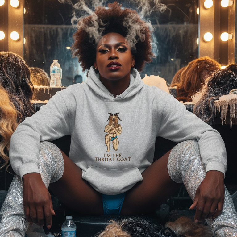 Performer seated in a gray “I’M THE THROAT GOAT” hoodie and sparkly thigh-high boots backstage
