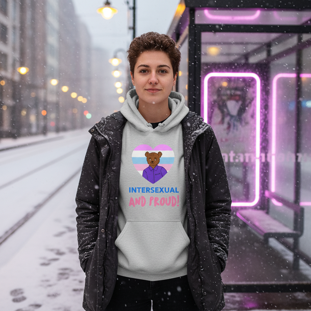 A young person on a snowy street wears the Intersexual And Proud Unisex Hoodie, featuring a pastel-striped heart and teddy bear. This cozy, empowering garment embodies pride and self-expression from Queer In The World.