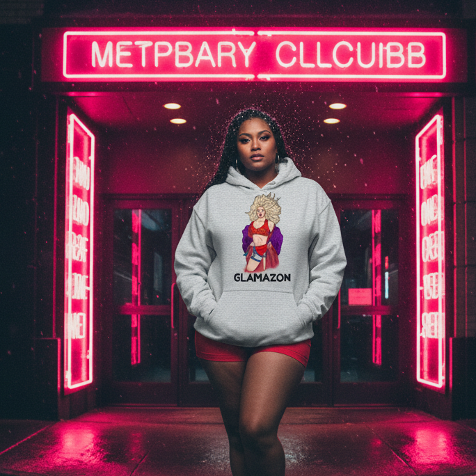 Model wearing a gray GLAMAZON hoodie with a colorful illustrated figure outside a neon-lit club