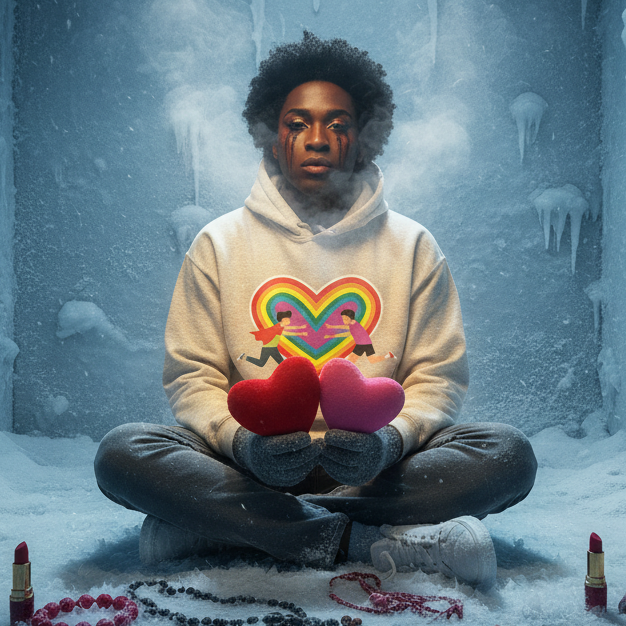 Person in icy setting wears Gay Couple Unisex Hoodie with rainbow heart and figures. Holds plush hearts, surrounded by lipsticks and beads, embodying vibrant LGBTQIA+ pride, self-expression, and empowerment.