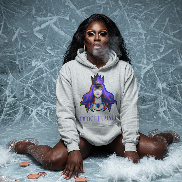 Person in full drag makeup, wearing the Fierce Female Unisex Hoodie featuring a vibrant crowned woman design, sits amidst white feathers in an icy setting, embodying prideful self-expression and empowerment.