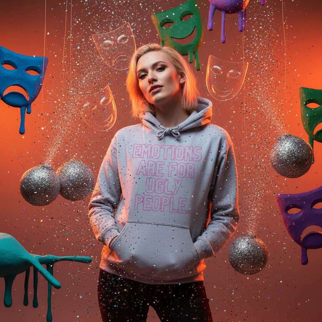 Emotions Are For Ugly People Unisex Hoodie worn by a person surrounded by vibrant theatrical masks and glittering spheres, showcasing playful self-expression and queer pride through bold pink lettering and cozy comfort.