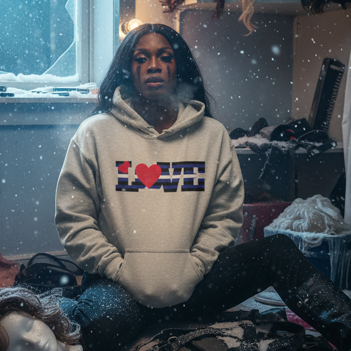 Person seated in a studio wearing a gray hoodie with a red heart and striped LOVE graphic