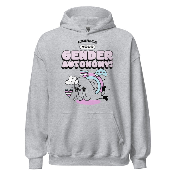 Light-gray Embrace Your Gender Autonomy! Unisex Hoodie with cartoonish narwhal design, pastel rainbow, trans-flag heart, and whimsical elements, celebrating queer pride, empowerment, and self-expression.