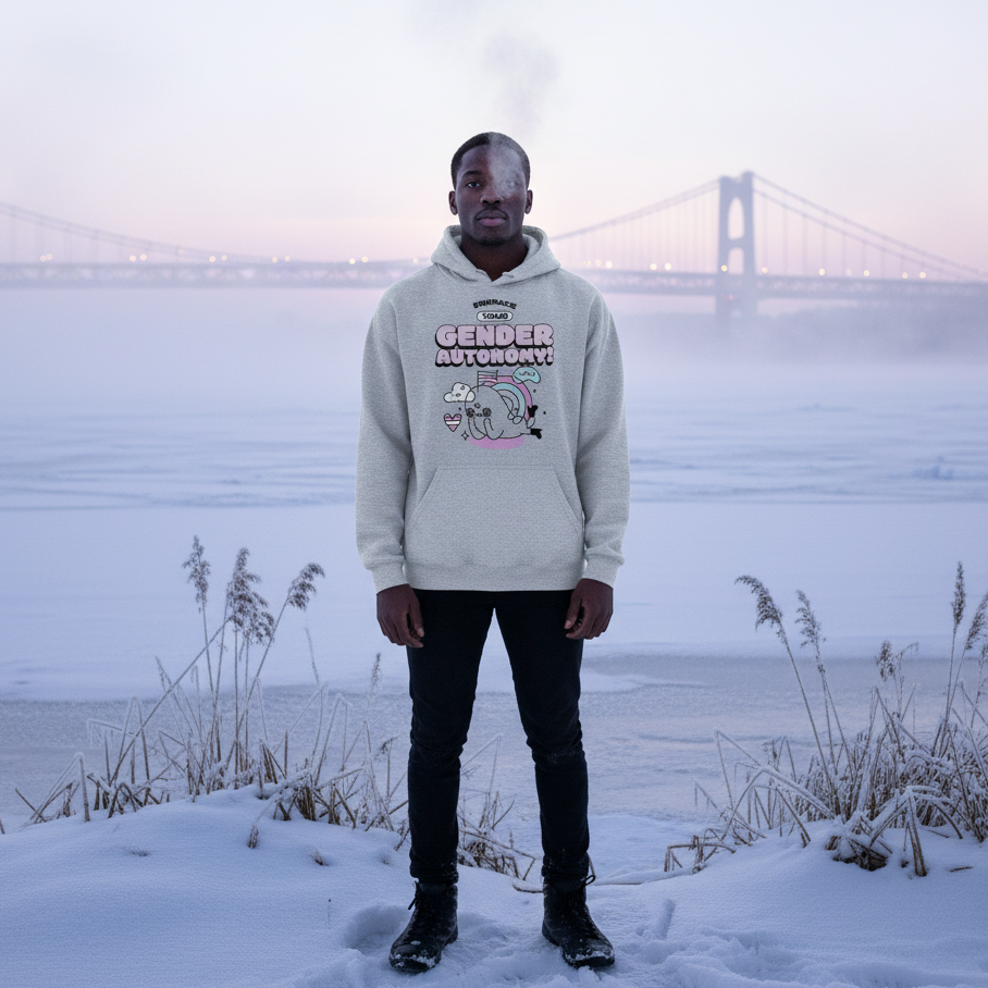 A young man models the Embrace Your Gender Autonomy! Unisex Hoodie featuring a pastel elephant and rainbow design, embodying queer pride and self-expression against a snowy riverbank backdrop.