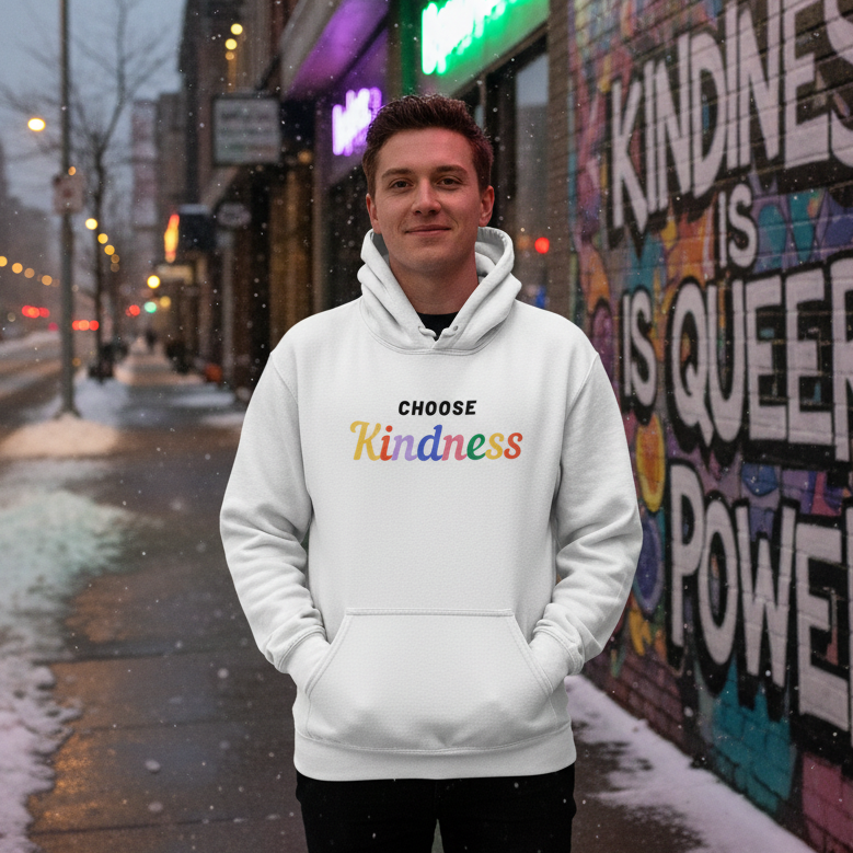 White hoodie reading “CHOOSE Kindness” with multicolored lettering, worn on a snowy city sidewalk
