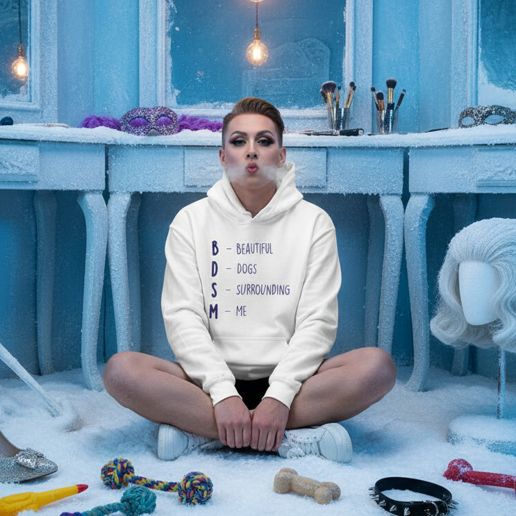 Person seated cross-legged wearing a white hoodie reading “BDSM – Beautiful Dogs Surrounding Me”