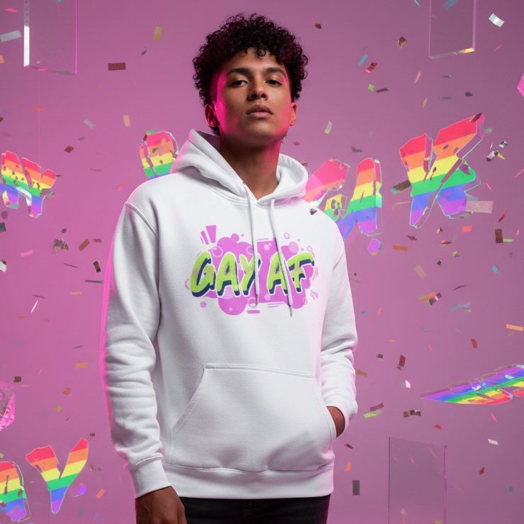 Person facing camera in a white hoodie with colorful “GAY AF” chest lettering