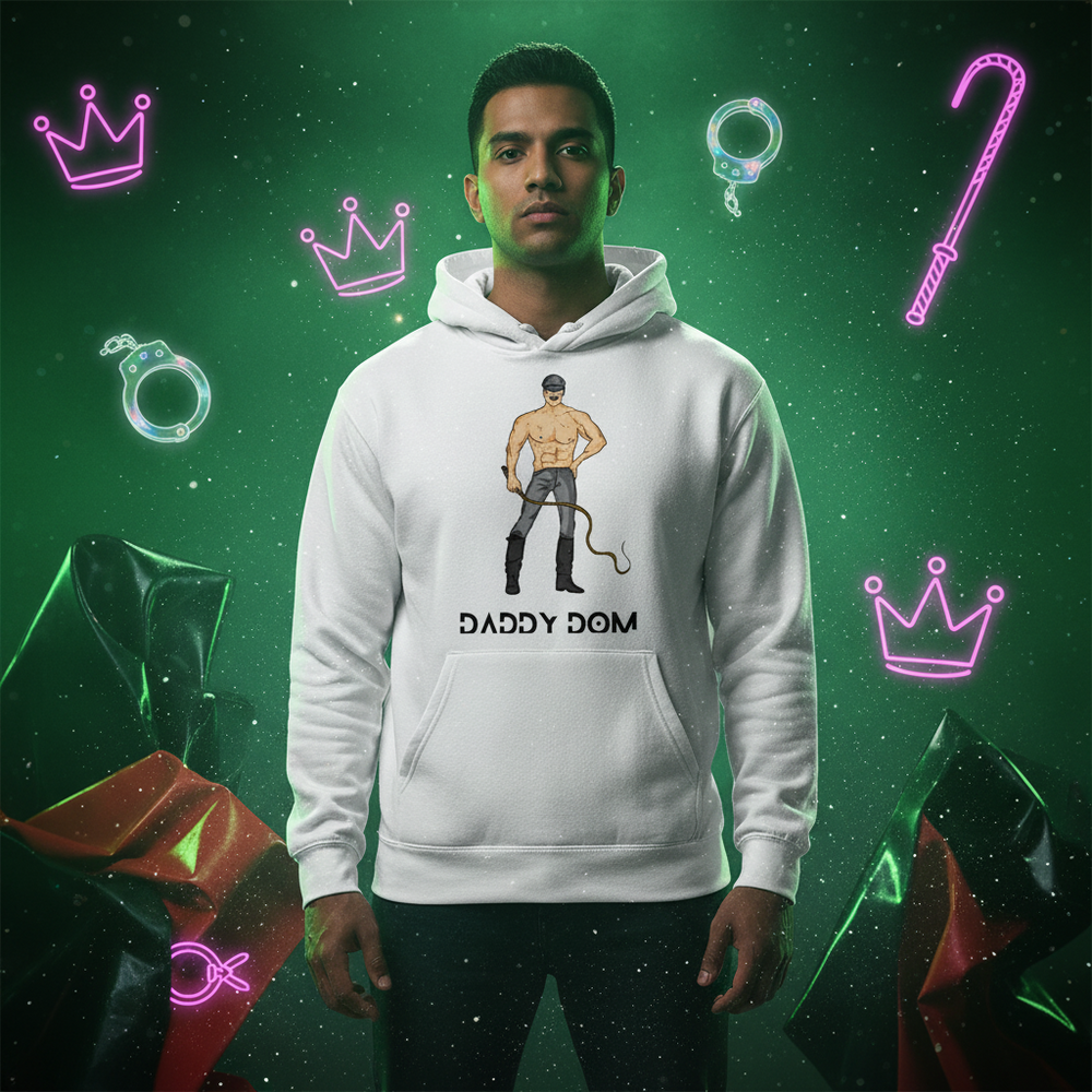 Model wearing a white hoodie with a shirtless blindfolded figure, whip, and “DADDY DOM” text