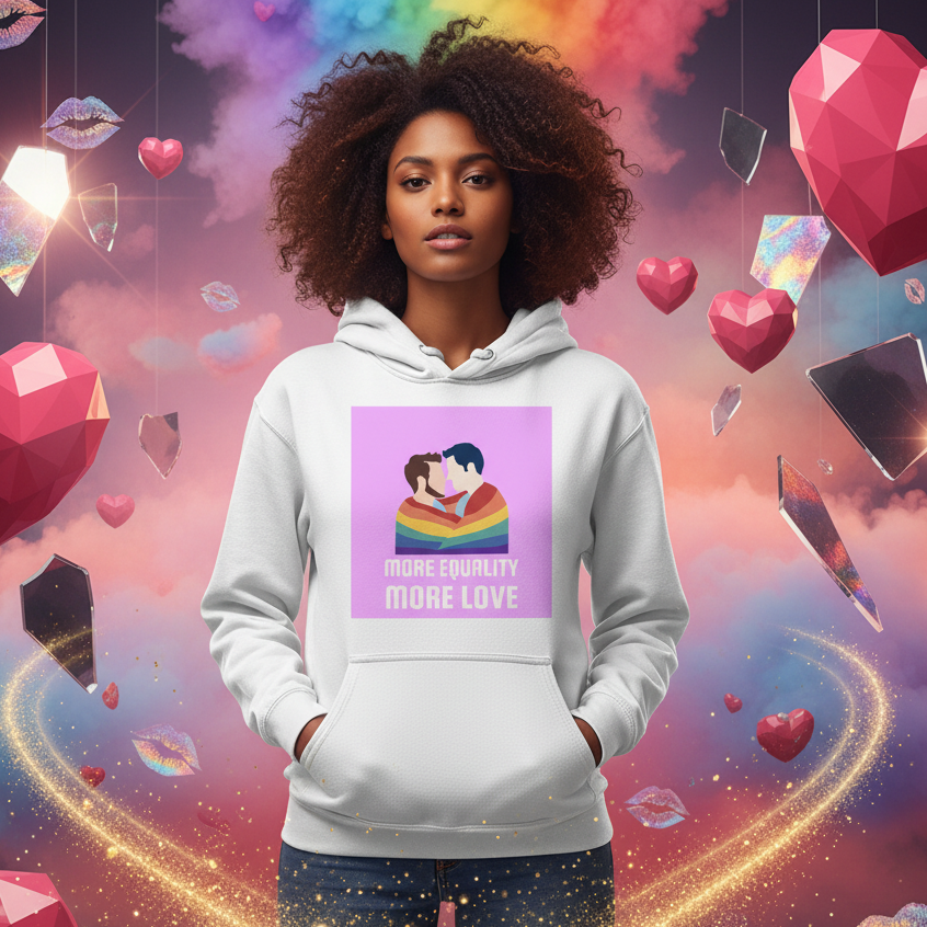 Model wearing a white hoodie with two people embracing beneath a rainbow and “MORE EQUALITY MORE LOVE” text