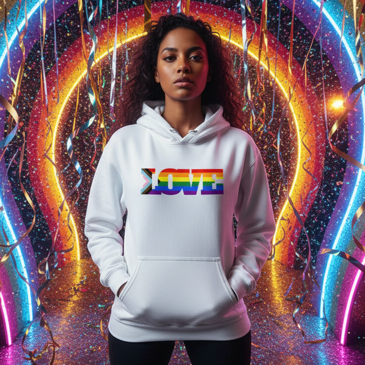 Front-facing model wears a white hoodie with rainbow-striped “LOVE” lettering