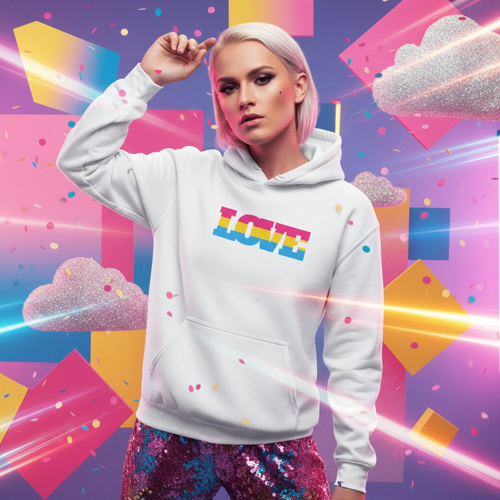 Model in a white hoodie with rainbow-block LOVE lettering against a colorful geometric backdrop