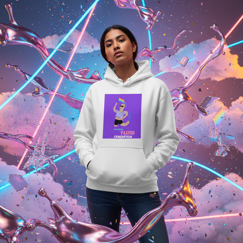 Model wearing the Part Of The Fluid Generation Unisex Hoodie, featuring a vibrant cartoon waving a Pride flag and Fluid Generation slogan, set against a dreamy, neon-lit pastel backdrop.
