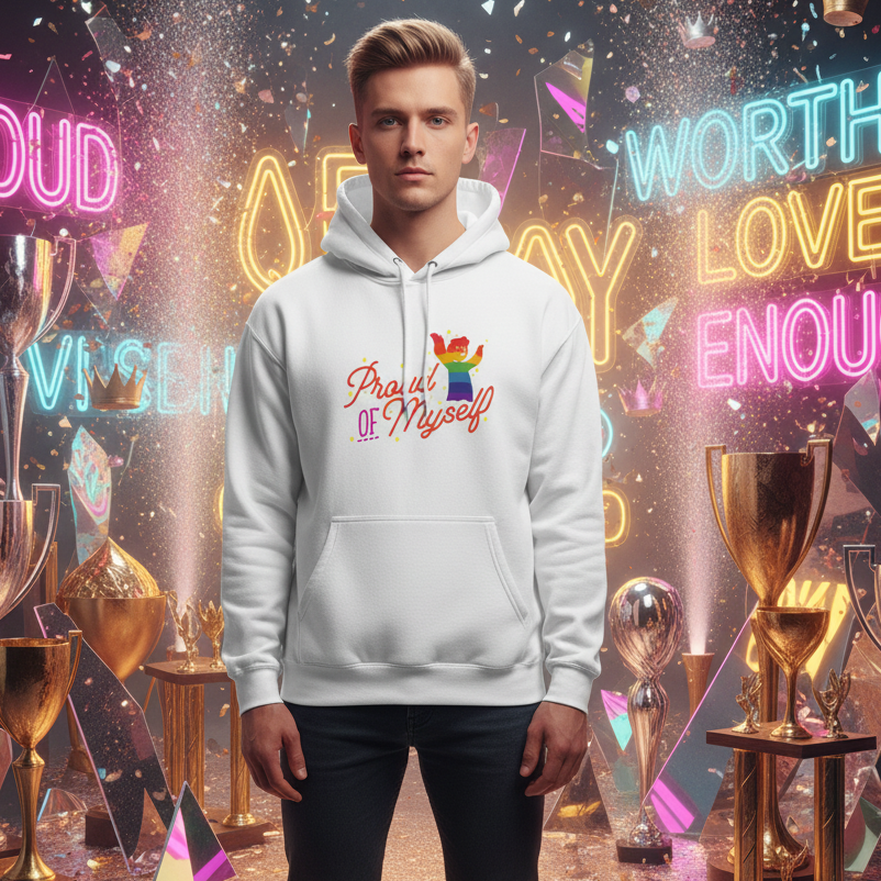 Model wearing a white hoodie reading “Proud Of Myself” with a rainbow figure graphic