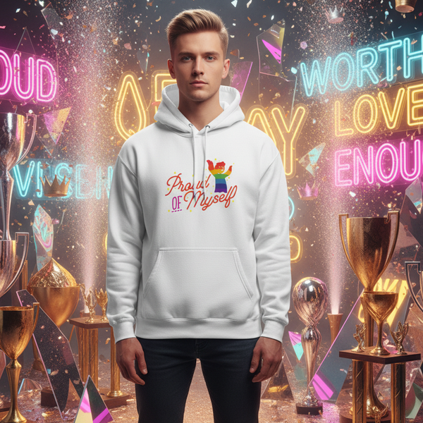 Model wearing a white hoodie reading “Proud Of Myself” with a rainbow figure graphic