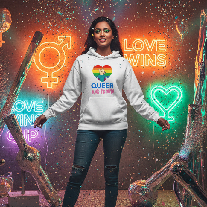 Model wearing a white hoodie with a rainbow heart, cartoon animal, and “QUEER AND PROUD!” text