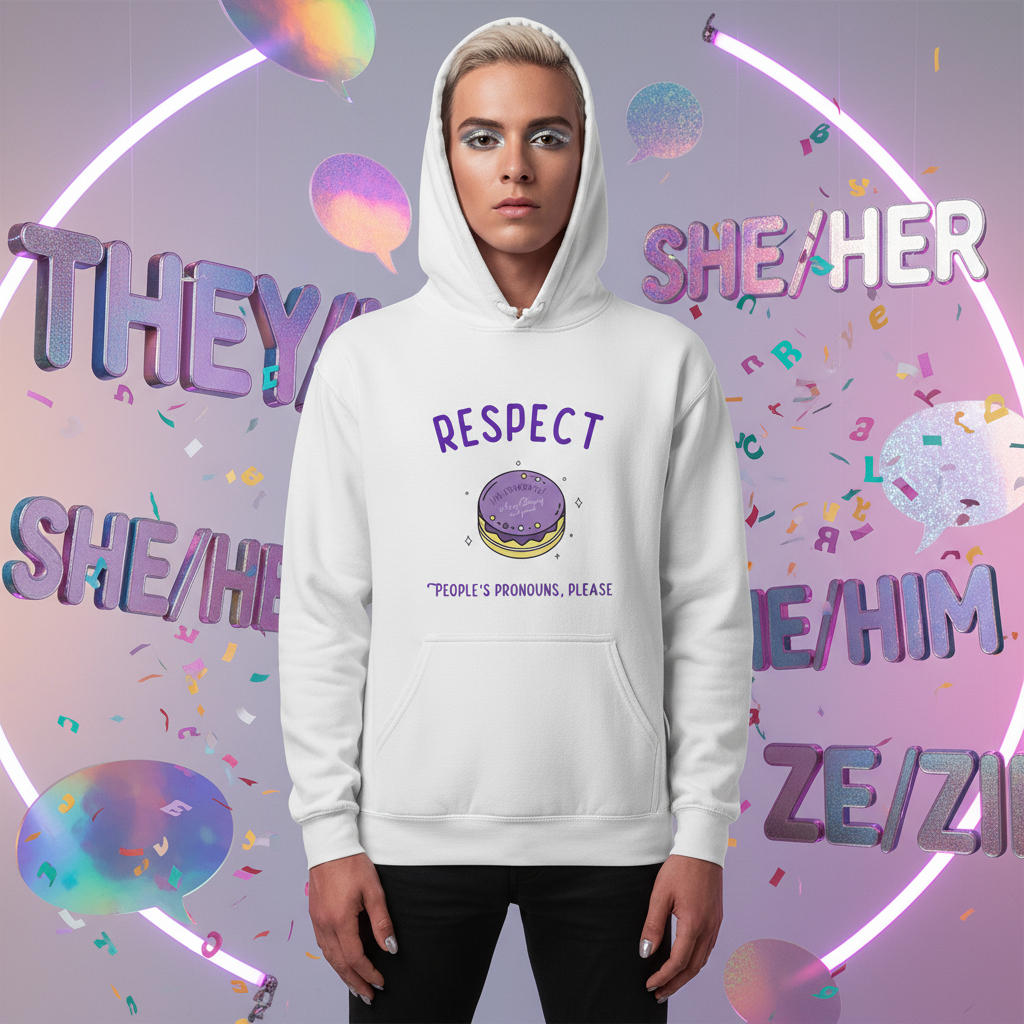 Person wearing the Respect People's Pronouns Please Unisex Hoodie, featuring RESPECT text and a purple macaron illustration, set against a backdrop of holographic pronouns, celebrating pronoun diversity and inclusion.