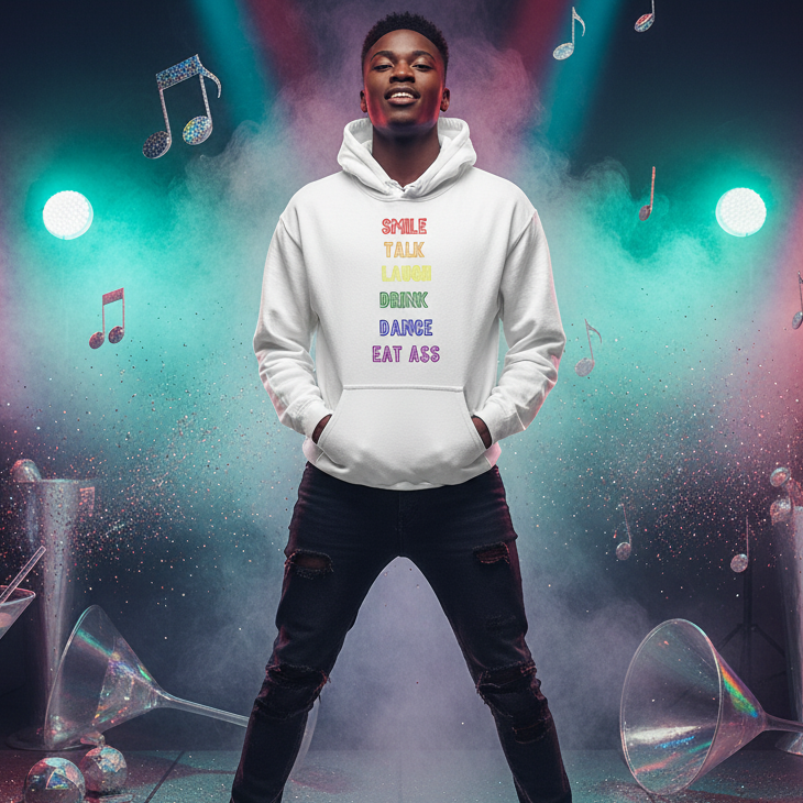 Person wearing a white hoodie reading “SMILE TALK LAUGH DRINK DANCE EAT ASS”