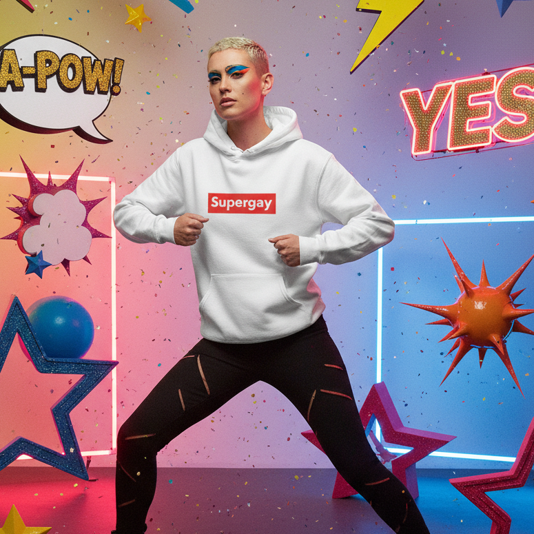 Model wearing a white Supergay hoodie in a colorful pop-art studio