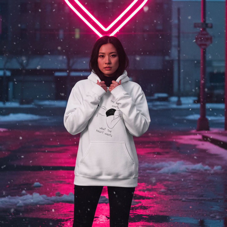 Person wearing a white graphic hoodie in a snowy neon-lit street