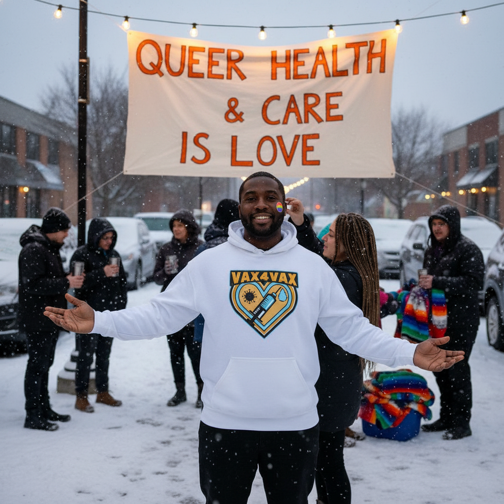 A man proudly wears the Vax 4 Vax Unisex Hoodie, featuring a bold design symbolizing queer health and empowerment. The scene conveys warmth and community spirit amidst a snowy, prideful gathering.