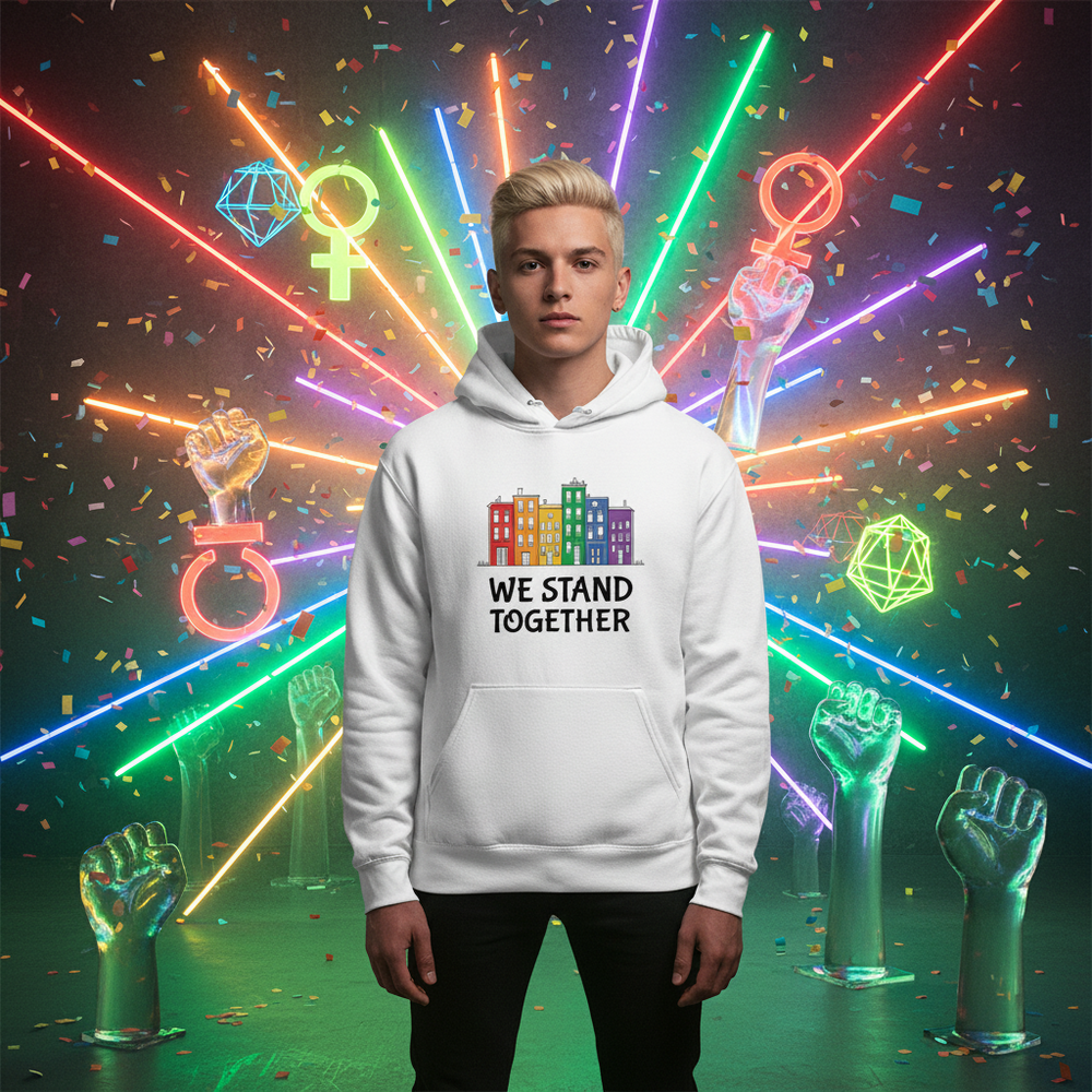 Front-facing model wearing a white hoodie reading “WE STAND TOGETHER,” with colorful buildings