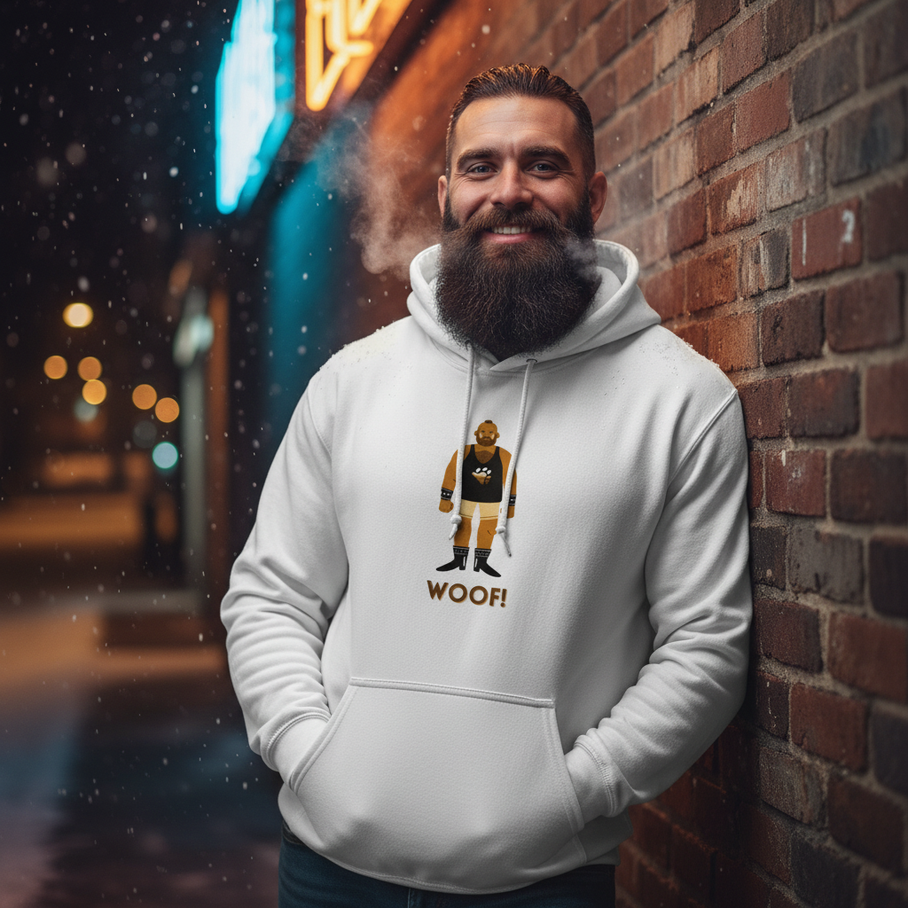 Bearded person modeling a white hoodie with a bear graphic and “WOOF!” text by a brick wall