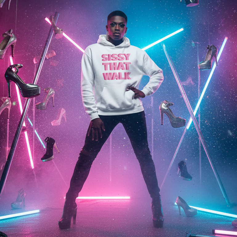 Model wearing a white hoodie with pink “SISSY THAT WALK” lettering in a neon-lit set