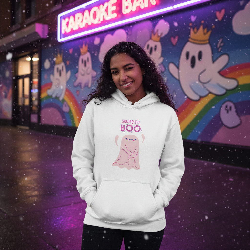 Young woman wearing the You're My Boo! Unisex Hoodie with a pink ghost, standing confidently amid neon-lit city vibes, embodying playful self-expression and prideful warmth against a vibrant mural backdrop.