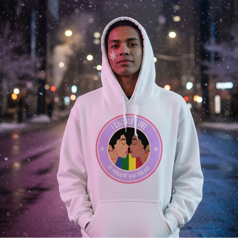 A young person stands on a snowy street wearing the Be Proud of Who You Are Unisex Hoodie, featuring a vibrant emblem of two faces kissing over a rainbow. Celebrate pride and self-expression with this cozy, inclusive hoodie.