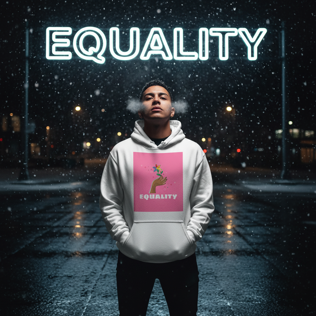 A young person stands in a snowy street at night, wearing the Equality Unisex Hoodie with a pink hand and flower graphic, embodying queer pride and self-expression.