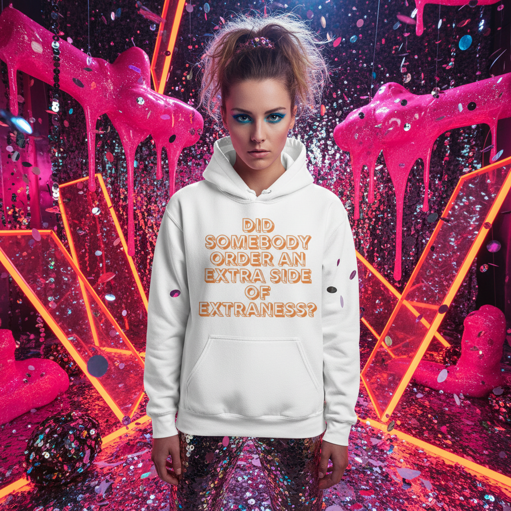Extra Side of Extraness Unisex Hoodie: A cozy, bold statement piece with vibrant orange lettering, worn by a model exuding playful confidence. Perfect for expressing pride and individuality in any setting.
