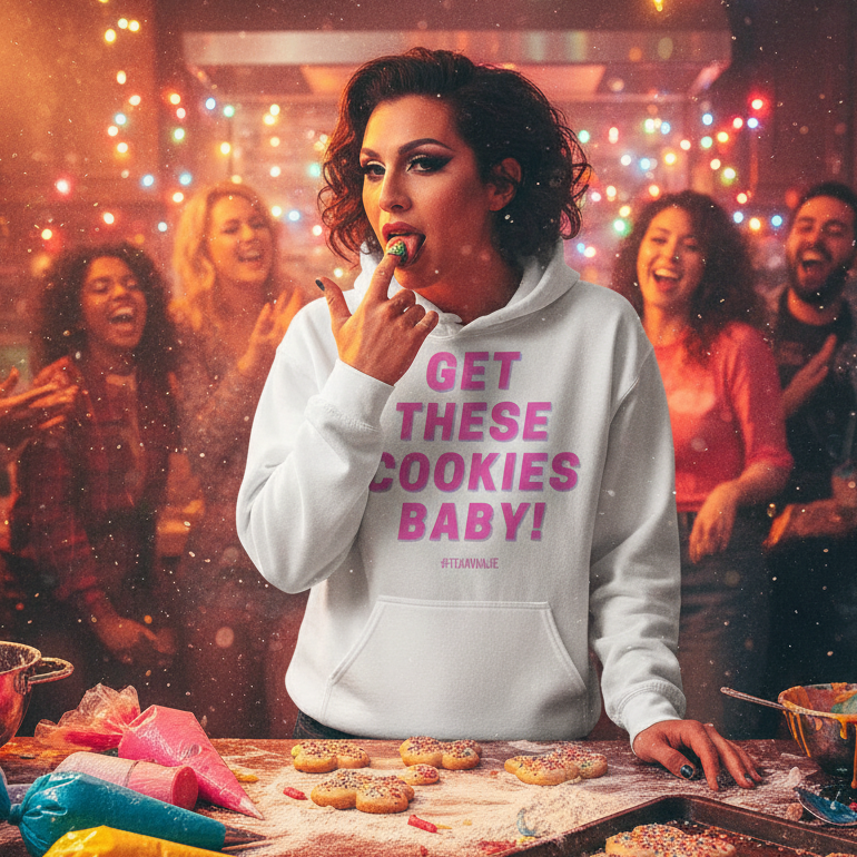 Person with dramatic makeup wears GET THESE COOKIES BABY! hoodie, tasting a cookie amidst festive baking scene. Unisex, soft, empowering hoodie celebrates LGBTQIA+ pride and self-expression.