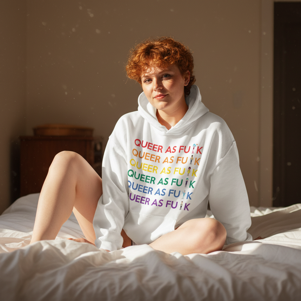 Young person in a cozy Queer As Fu*k Unisex Hoodie, sitting cross-legged on a bed, embodying comfort and pride. Perfect for expressing LGBTQIA+ identity with style and empowerment.