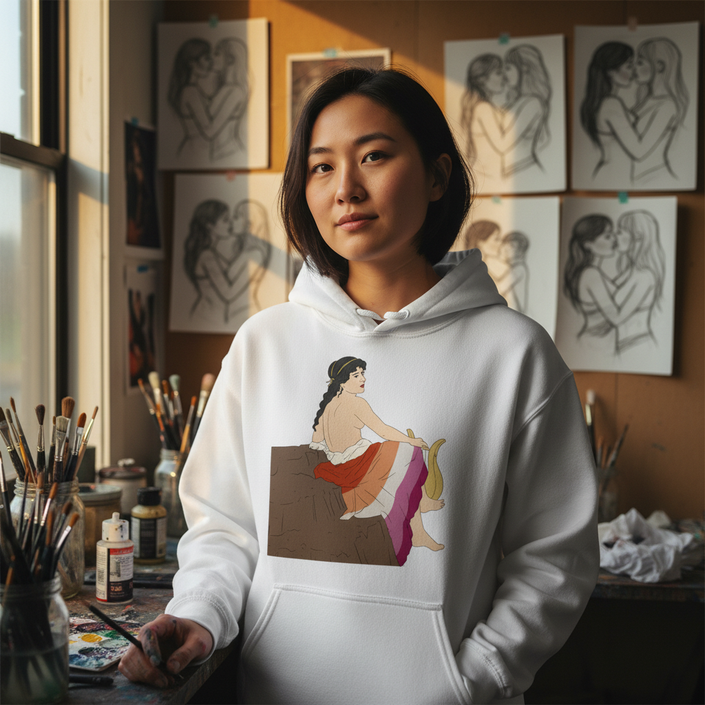 Young person in art studio wearing the Sappho of Lesbos Unisex Hoodie, featuring a classical illustration. Surrounded by art supplies, they embody prideful self-expression and creativity in this cozy, inclusive garment.