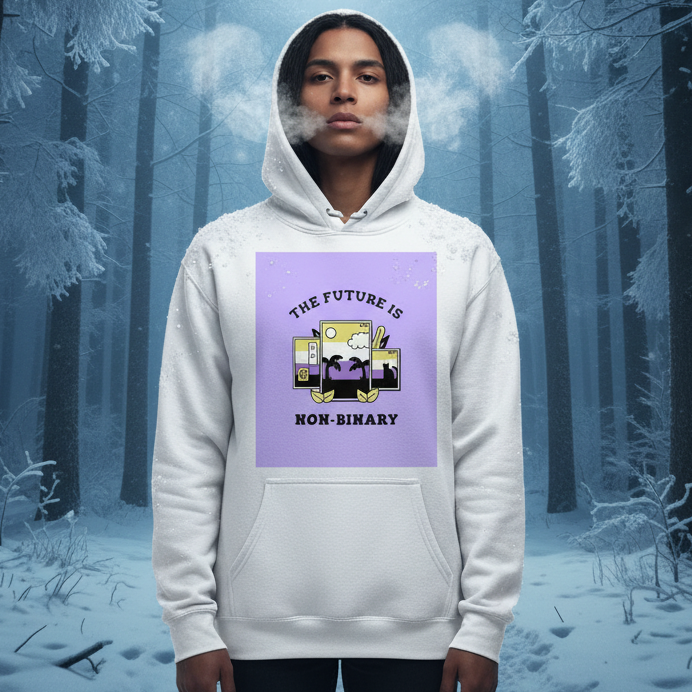 The Future is Non-binary Unisex Hoodie showcased amidst a snowy forest, features a lavender graphic, emphasizing pride and inclusivity. The soft, cozy design exudes warmth and self-expression for all identities.