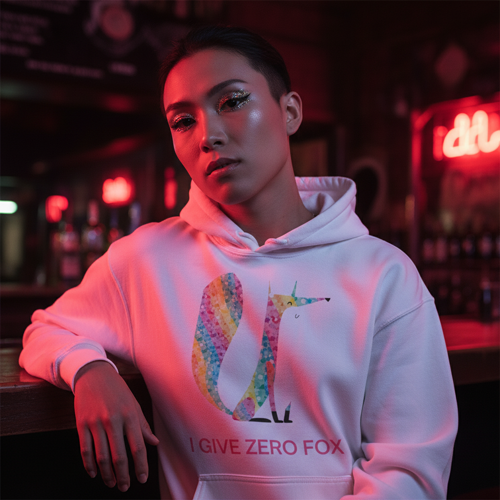 Young person in a white I Give Zero Fox Glitter Unisex Hoodie with a rainbow fox design, embodying queer pride and self-expression in a vibrant, neon-lit nightlife setting.