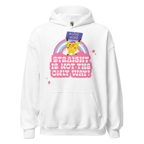 Unisex hoodie with a smiling cartoon cat holding a 